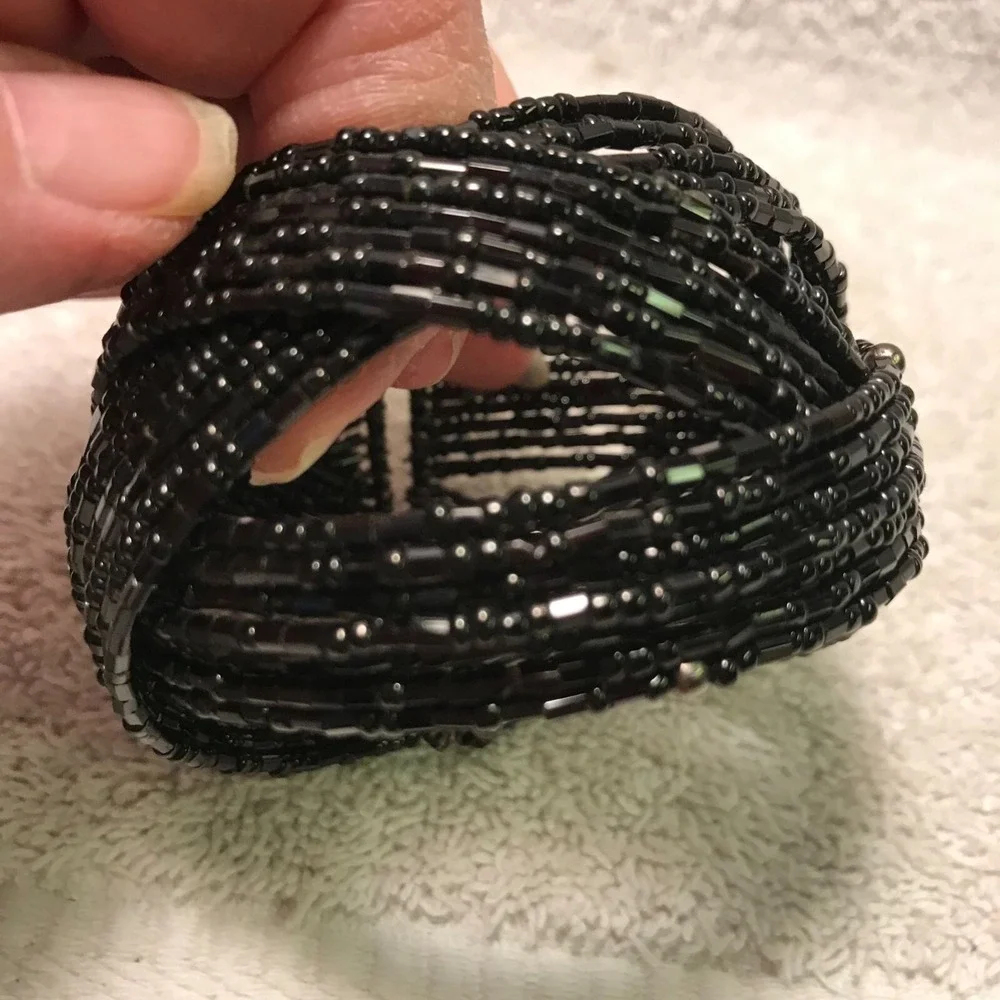 Handmade Black Beaded Bracelet - Stretchy Cuff With Intricate Design‎